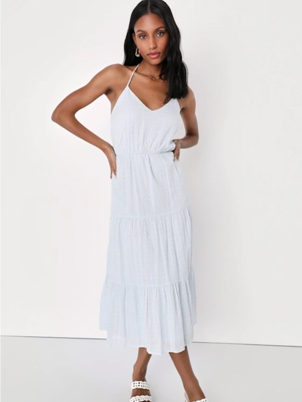 Lulu's Sunny Reverie Light Blue Swiss Dot Lurex Halter Midi Dress